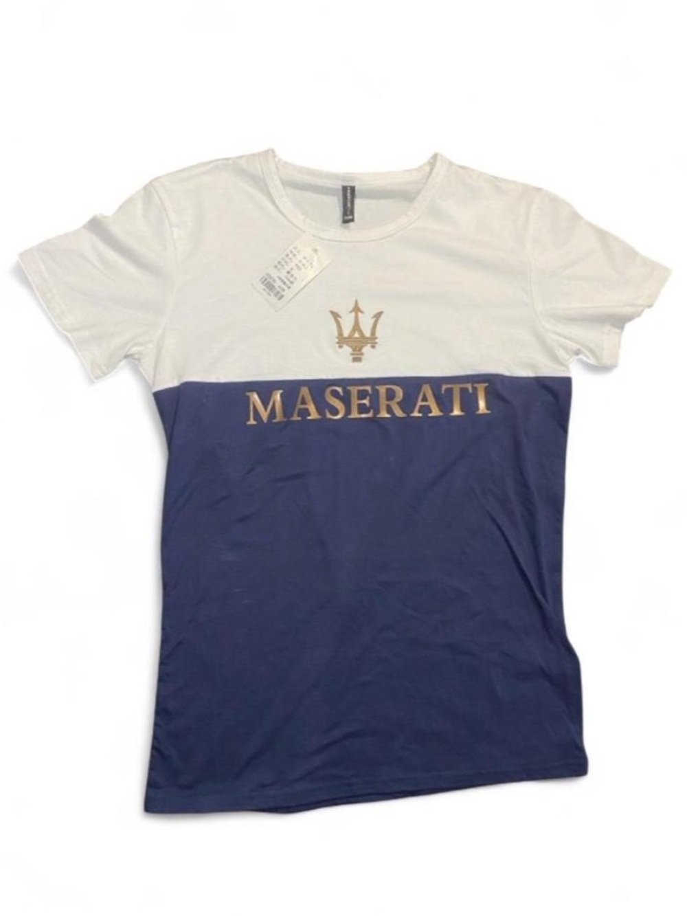 Maserati Logo Colorblock Men’s T Shirt Navy White Gold Size L Racing Motorsport